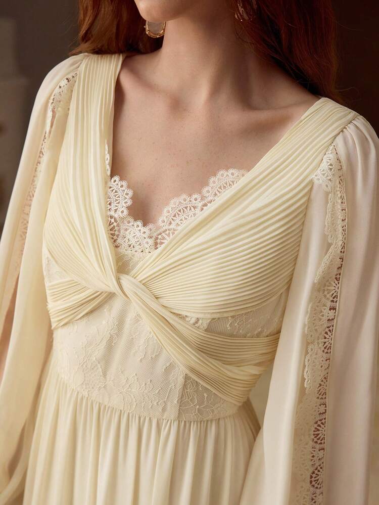 ELEGANT LACE PATCHWORK TWIST KNOT RUCHED DRESS