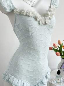 Elamini Women's Fashion Cap Sleeve Ruffle Trim 3D Floral Bodysuit - Blue - View 7