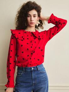 Écloséra New French Retro Spring Break Outfits For Women, Summer Tops, Summer Shirts, Valentine's Day Shirts, Valentine's Day Heart-Shaped Tops, Peter Pan Collar Open Placket Shirts, Red Shirts, Red Tops, Elegant Women's Tops, Elegant Women's Shirts, Casual Women's Shirts, Casual Women's Tops. - Red - View 3