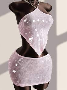 Bonvoyette Women's Pink Beaded Halter Backless 2 Pieces Set,Summer 70s Retro Beach Vacation Holiday Party,Elegant Sequin Rhinestone Crystal Diamond Dress - Pink - View 7