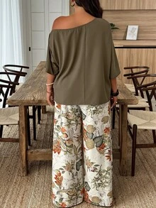 Weeklong Plus Size 2-Piece Set: Solid Color Asymmetrical Shoulder Top & Random Print Casual Pants, Vacation Style Fall - Multicolor - View 2