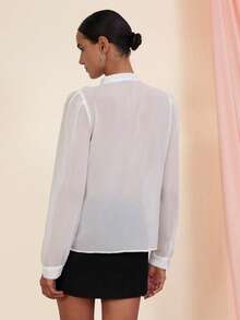 Femmeiva Fashionable & Versatile White Solid Color Chiffon Multi-Layer Ruffle Collar Front Open Casual Elegant Women Long Sleeve Blouse, Autumn/Winter - White - View 4
