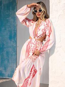 Vivid Eden Đầm dài tay cổ chữ V hở lưng in họa tiết Bohemian dành cho nữ - Hồng - Xem 4