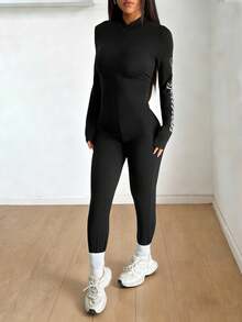 SHEIN EZwear Women's Winter Street Style Printed Sports Casual Ski Suit, Warm And Cold-Proof, Stretchy And Comfortable Black Slim-Fit Long-Sleeved Square Neck Long Thermal Jumpsuit, Spring Style. - Black - View 4