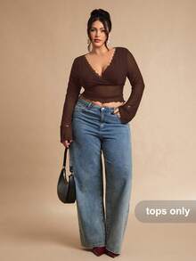 SHEIN BAE 大码女式纯色网纱蕾丝拼接长袖性感上衣，可作内衣或外套 - 咖啡棕 - 查看 2