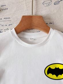 BATMAN X SHEIN Young Boy Casual Cartoon Pattern Round Neck Short Sleeve T-Shirt, Summer - White - View 5