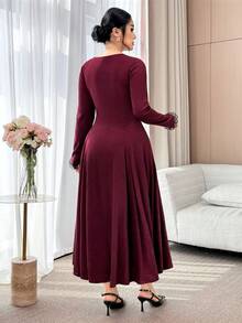 Feyla 大码女式撞色蕾丝圆领长袖蝴蝶结装饰优雅长裙 - 彩色 - 查看 2