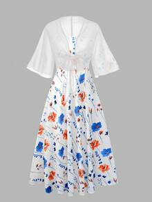 Franclia 大码女式碎花雪纺连衣裙搭配优雅开衫套装，夏季带袖连衣裙，夏季半身裙套装，茶会礼服，曲线身材 - 彩色 - 查看 8