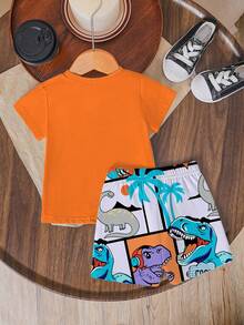 两件套幼儿男童休闲恐龙印花T恤短裤套装,春夏装,橙色底色搭配创意图案,舒适日常穿着 - 彩色 - 查看 3