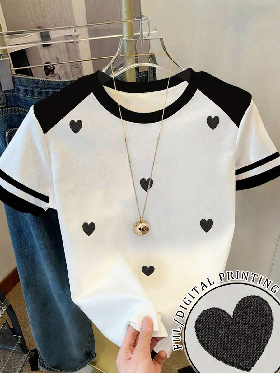 SHEIN 新款女士爱心印花宽松休闲撞色条纹圆领T恤 - 白色 - 查看 1