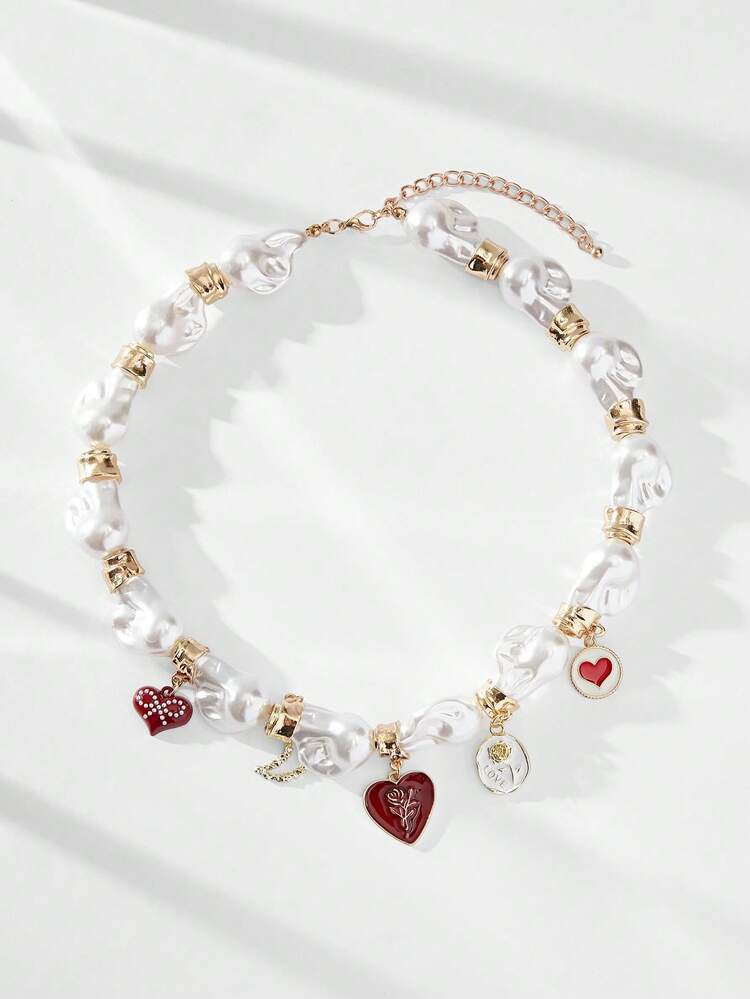 SHEIN Maija Minimalist Fashion Niche Design Pearly Zinc Alloy Enamel Heart Geometric Pendant Casual Necklace