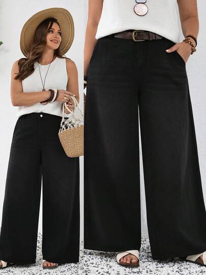 SHEIN Tall CURVE TALL Plus Size Summer And Spring Vacation Casual Women Elastic Waistband Design At The Back Waist Loose Fit Pockets Wide Leg Comfort Casual Denim Jeans