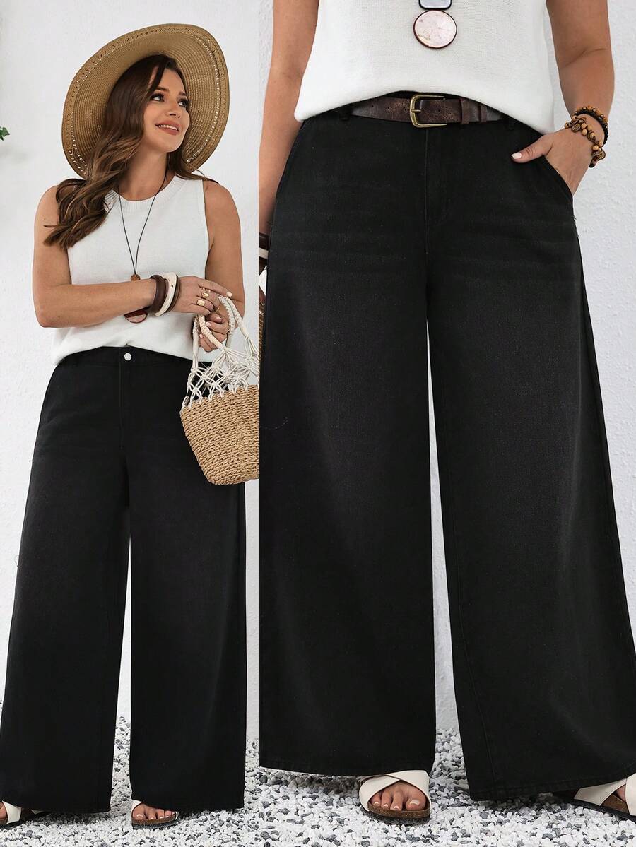 SHEIN Tall CURVE 高个加大码春夏度假休闲女式牛仔裤，后腰松紧带设计，宽松版型，带口袋，阔腿舒适休闲牛仔裤