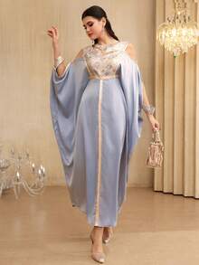 Al Najma Elegant V-Neck Shoulder-Revealing Jacquard Splice Ribbon Decor Dress, Spring/Summer - Blue - View 4