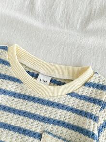 SHEIN Vintaside Kids 2pcs Toddler Infant Baby Boys Fashion Black & White Striped Waffle Knit Fabric Pocket Round Neck Short Sleeve T-Shirt And Black Elastic Waist Letter Patch Shorts Set, Summer - Blue - View 6