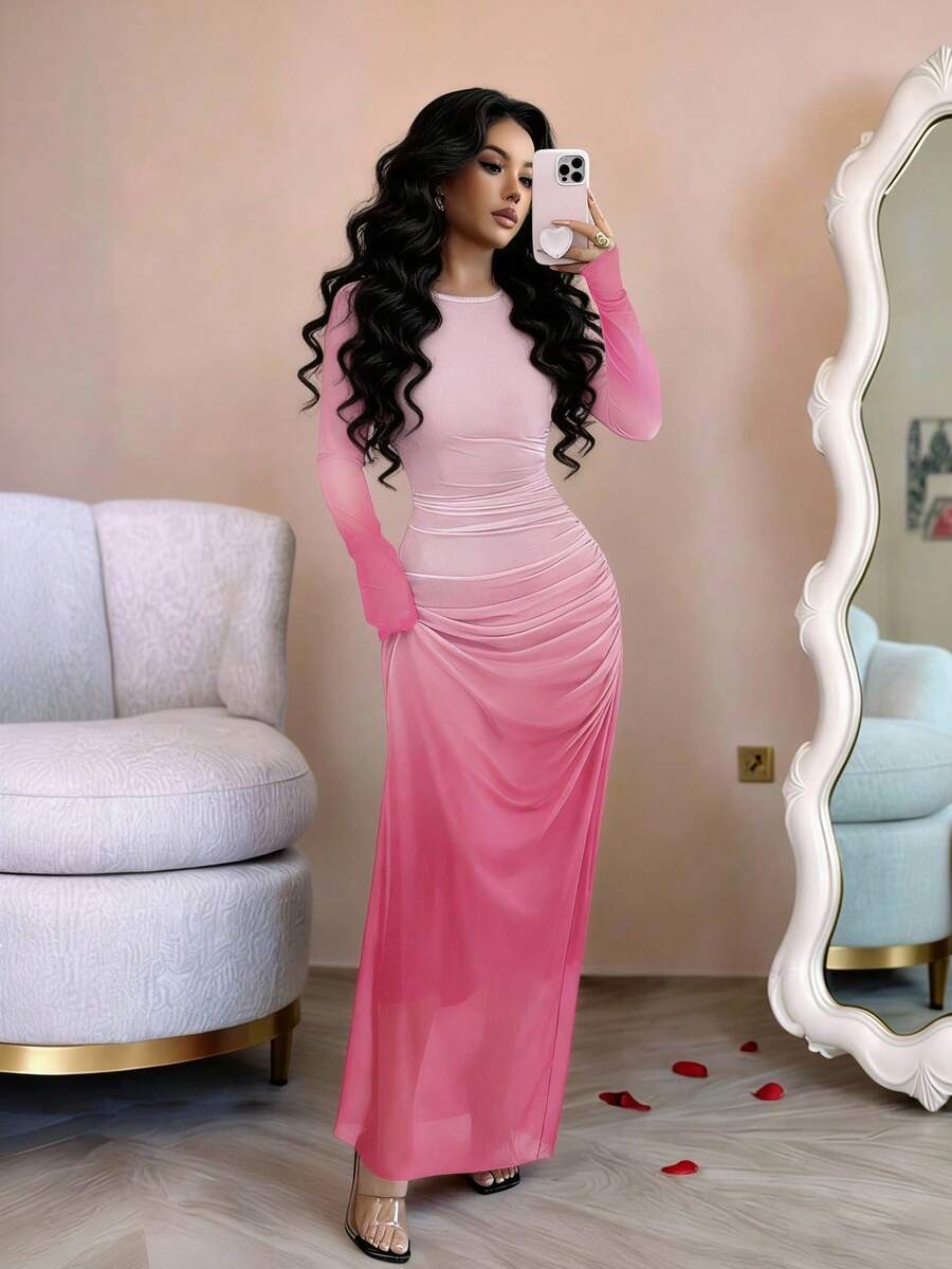 SHEIN Raffinéa Đầm ôm sát dài tay bằng vải lưới xuyên thấu, kiểu ombre, xếp ly, thích hợp mặc hàng ngày đi biển, ở nhà, công sở. - Màu Hồng  San hô - Xem 1