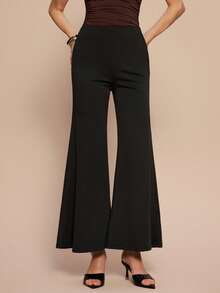 Leighera بنطلون أسود عريض الساق أنيق ذو خصر مرتفع وخصر مطاطي عصري - الأسود - مشاهدة 1