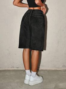 SHEIN Tall 女士休闲时尚街头百慕大牛仔短裤，适合日常通勤和夏季穿着 - 黑色 - 查看 2