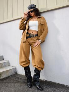 Jeanoix Y2K Low Waist Fashion Curved Pocket Washed Denim Jeans - Brown - View 6