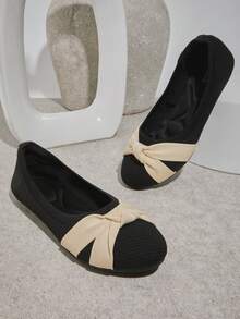 SHUZIA Giày bệt nữ dáng rộng, mũi tròn, đế trong bằng mút hoạt tính, màu đen dệt kim, có nơ – Mềm mại, co giãn và thoải mái suốt cả ngày. - màu đen - Xem 6