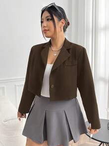 Comfortcana 大翻领短款西装外套，适合毕业季、返校季、秋冬季女教师穿着。 - 棕色 - 查看 10