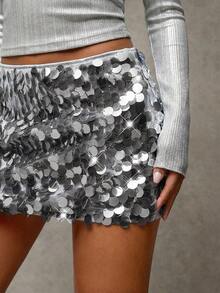 SHEIN BAE Jupe courte à sequins unie et brillante pour femme, collection été - Argent - Voir 4