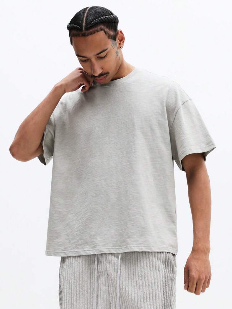 SUMWON Men's Crew Neck Slub Texture Short Sleeve Regular Fit Cotton T-Shirt With Chest Logo Casual Summer Basic Tee