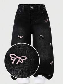 SHEIN Girls' Versatile Fashion Distressed Straight Leg Blue Jeans - Black - View 10