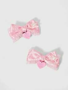 ROMWE 1 Cặp kẹp tóc ren hồng chấm bi in hình trái tim xinh xắn, phụ kiện tóc phong cách Lolita Kawaii tối giản thời trang phù hợp cho trang phục hàng ngày, đi học, hẹn hò, mua sắm - Hồng - Xem 1