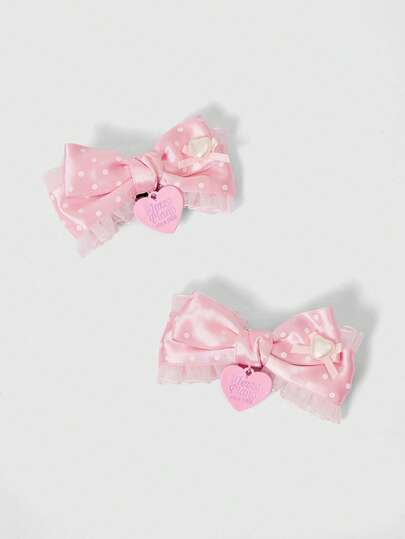 ROMWE Kawaii 1对可爱粉色蕾丝蝴蝶结波点爱心印花发夹，时尚简约卡哇伊洛丽塔风格发饰，适合日常、上学、约会、购物等场合佩戴。