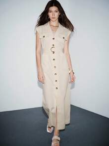 Lumivelle Women's New Short Sleeve Shirt Collar Button Front Belted Dress, Elegant Casual Fashion, Spring/Summer - Apricot - View 4