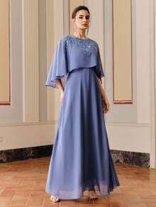 Anewsta 母亲节长款水钻装饰披肩领连衣裙，优雅适合正式场合 - 霧霾藍 - 查看 4