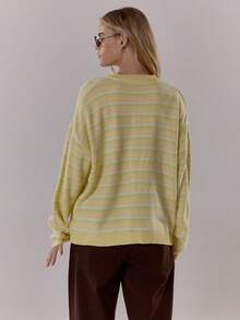 MUSERA 纽扣式超大条纹针织开衫，可爱酷女孩风格，舒适保暖，适合冬季日常穿着，清新休闲，田园风，复古奶油糖色，适合晚宴和派对，优雅百搭。 - 黃色 - 查看 2