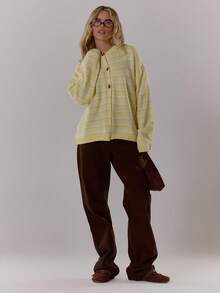 MUSERA 纽扣式超大条纹针织开衫，可爱酷女孩风格，舒适保暖，适合冬季日常穿着，清新休闲，田园风，复古奶油糖色，适合晚宴和派对，优雅百搭。 - 黃色 - 查看 3