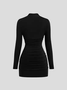 Lyrianda 大码女士优雅派对鸡尾酒礼服，酒红色，金属装饰，修身短款连衣裙 - 黑色 - 查看 2