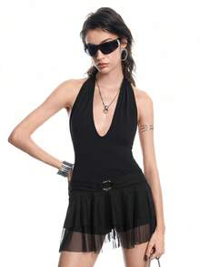 Airlisse Women Black Summer Deep V-Neck Halter Mesh Patchwork Mini Jumpsuit Dress,Techno Rave Birthday Party,High Stretch Metal Buckle Tie Back Ruffle Hem Y2K - Black - View 5