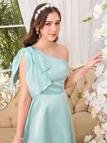 Teen Girls Solid Color Elegant Asymmetrical Shoulder Dress - Green - View 5