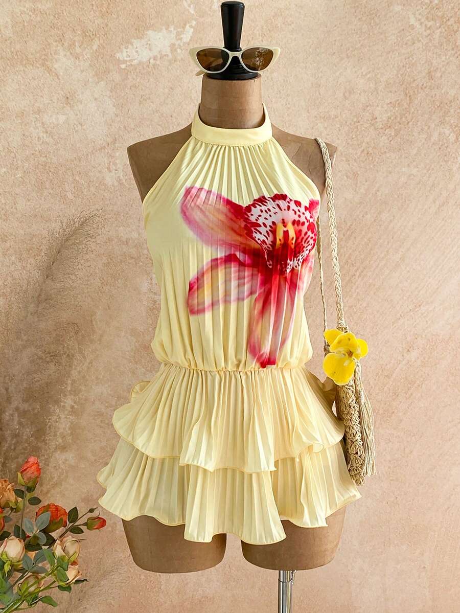 Soleia Women's Summer Vacation Casual Printed Backless Pleated Mini Dress - Multicolor - View 1