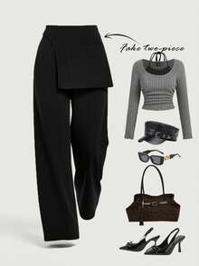 SHEIN MOD Quần tây nữ cỡ lớn màu xám đậm, kiểu dáng trang trọng, phù hợp cho mùa tựu trường, trang phục công sở thu/đông, du lịch Paris, thoải mái, màu đen, trang phục dự tiệc. - màu đen - Xem 1