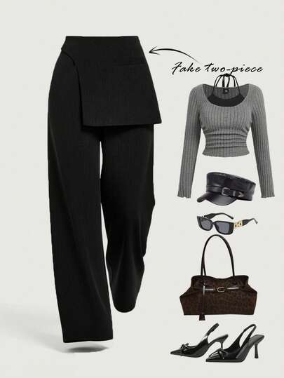 SHEIN MOD 大码女式深灰色叠层正装裤，适合返校季、秋冬季工作装、旅行装、巴黎女装、舒适女装、黑色女装、黑色音乐会