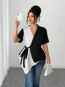 Elenzga Plus Size Casual Pleated Tie-Up Patchwork Fashion Shirt Women Blouses Elegant Black And White Blouse Black And White Shirt Wrap Tops For Women Business Casual Tops Woman - Black and White - View 7