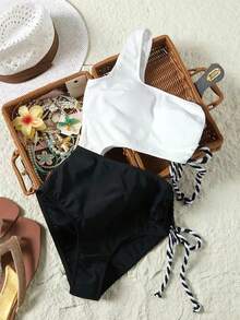 Swim SXY New Women One-Piece Swimsuit, Black & White Patchwork Halter Tie-Up Swimwear - Black and White - View 4