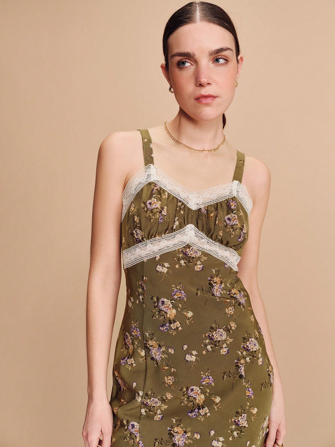 Olive Green Floral Print Fitted Midi Dress With Lace Trim Bust Detail Delicate Lace Straps Romantic Vintage Spring Summer Dress French Style Parisian Style Going Out Wildflower Dress Floral Dress Lace Trim Dress Cami Dress