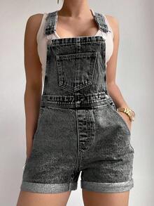 EMERY ROSE Women's Fashionable Washed Pocket Denim Bib Shorts, Summer - Dark Grey - View 6