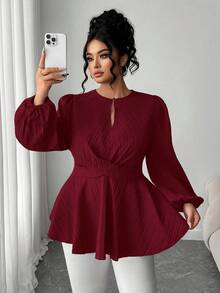 Elenzga 大码纯色简约日常长袖优雅收腰衬衫 - 酒紅色 - 查看 5