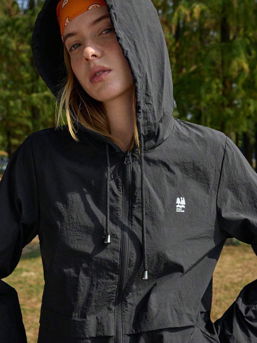 In My Nature Women's Hooded Zipper Front Letter Print Casual Versatile Daily Outdoor Long Sleeve Jacket - Black - View 1