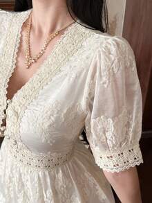 DAZY Elegant Embroidered V-Neck Lace Trim Cinched Waist Long Dress - Apricot - View 7