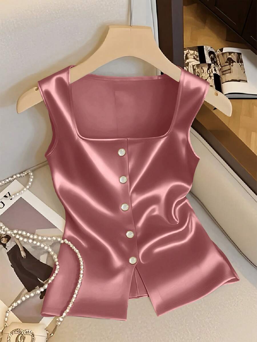 Franclia Áo tank top cổ vuông cài nút phong cách tối giản dành cho người đi làm - Hồng - Xem 1