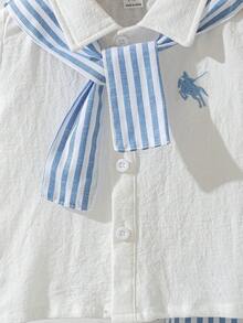 Souflis Souflis 3件套男婴幼儿新生儿春夏百搭绅士黑白条纹梭织衬衫+短裤+可拆卸披肩三件套纯棉服装 - 彩色 - 查看 7