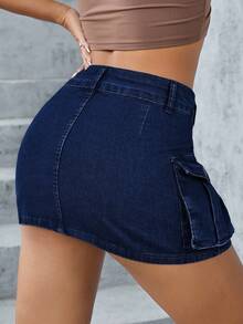 SHEIN ICON 女士时尚性感口袋牛仔低腰超短迷你裙 - 深色水洗藍 - 查看 2